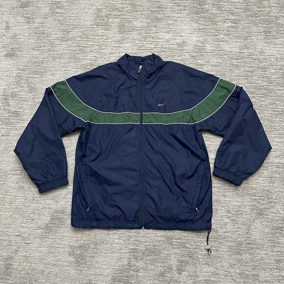 Nike Jacket Mens Large Navy Full Zip Windbreaker Mesh Lined Swoosh Spell Out Y2K - Picture 1 of 12